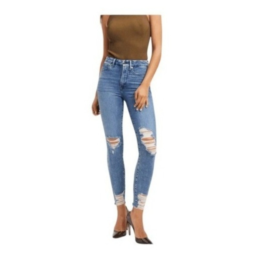 Good American Good Waist Jeans Blue Released Chewed Hem Distressed 0 25
